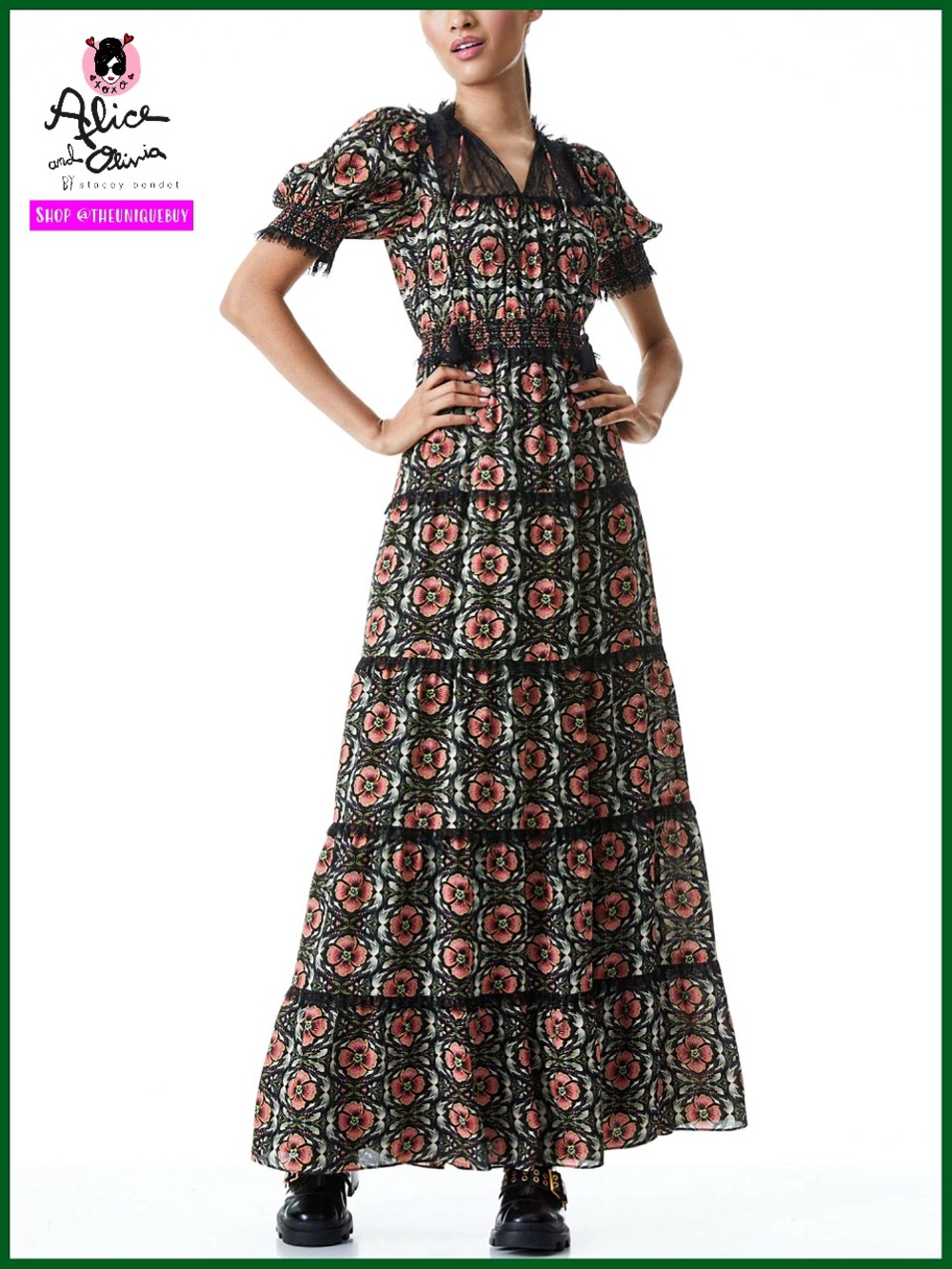 Alice + Olivia Lynley Floral Puff Sleeve Lace Maxi Dress